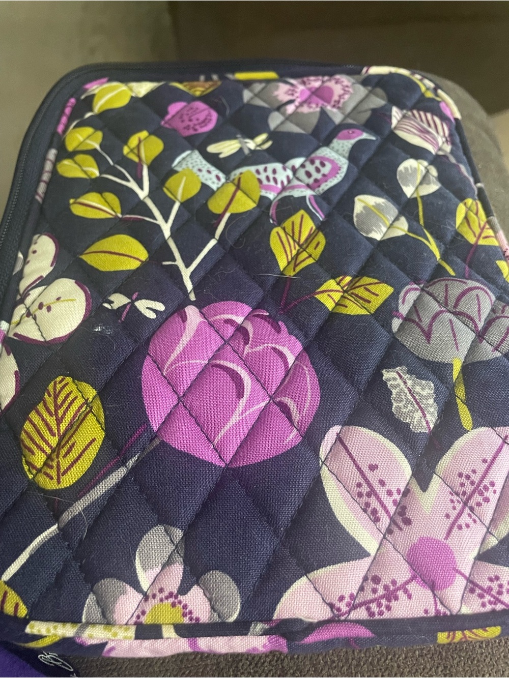 Vera Bradley Navy Quilted Cosmetic Pouch with Purple and Yellow Floral Print